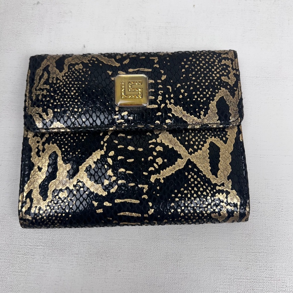 Solo Soprani‎ Vera Pelle Leather Snakeskin Wallet Black Gold Crystal Logo Italy